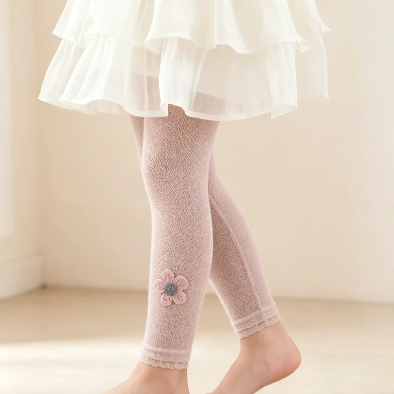 Sweet Cute Sunflower Decor Mesh Lace Trim Nine-Point Pants Leggings For Girls Soft Stretch Skin-Friendly Knit Daily Wear Bottoms