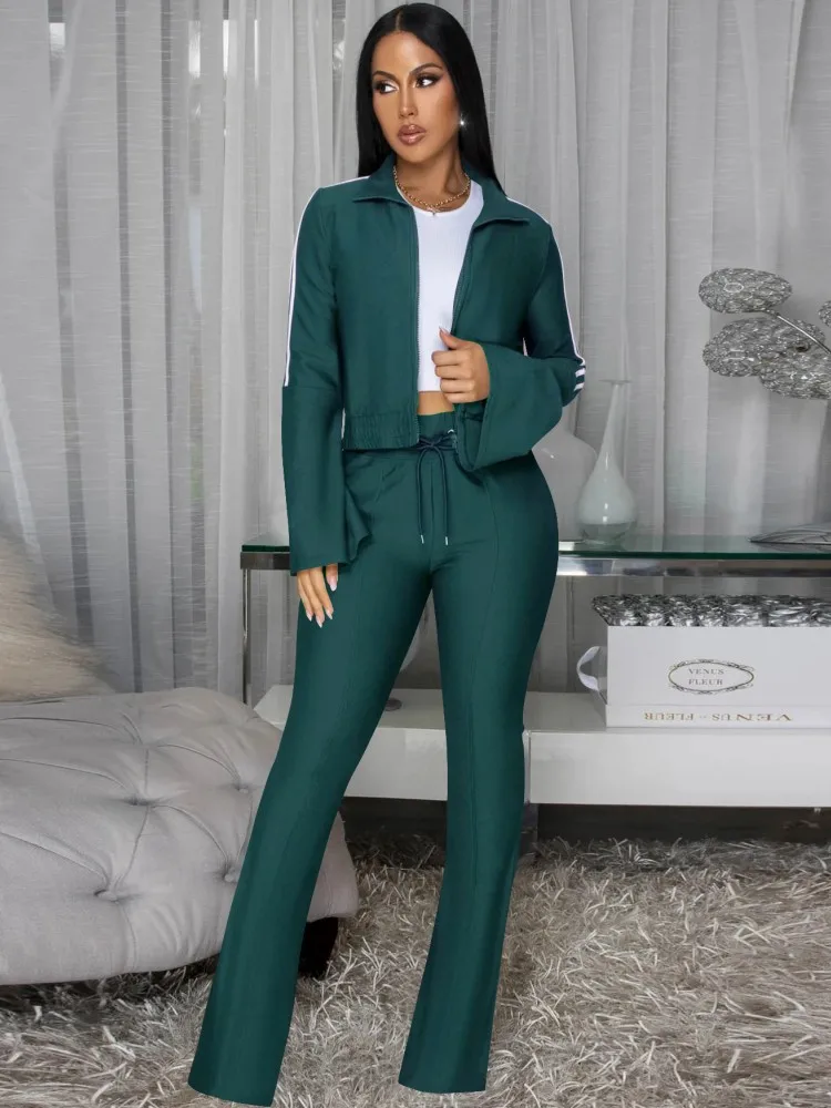 Set da donna da 2 pezzi 2025 Nuovo arrivo Autunno Inverno Set coordinati Giacca a maniche lunghe con cerniera Top e pantaloni Abiti Abiti Abbigliamento