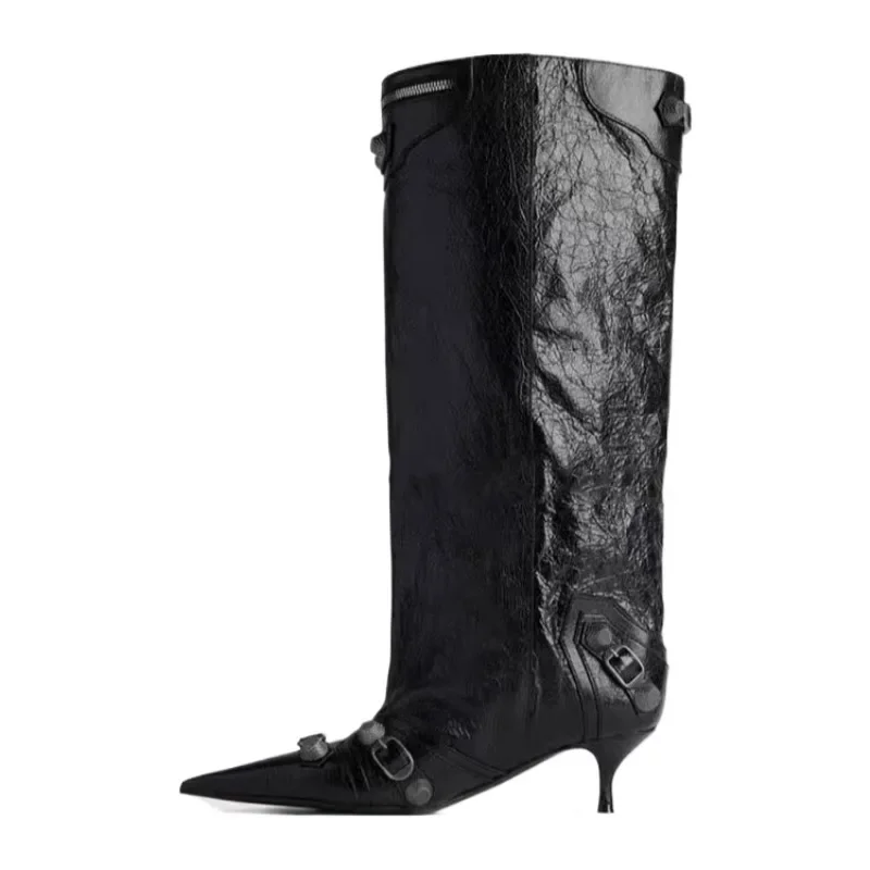 European and American Women's Pointed, Slender, High-heeled, One Foot, Straight Tube, Rivet, Needle Buckle, Plus Size Boots