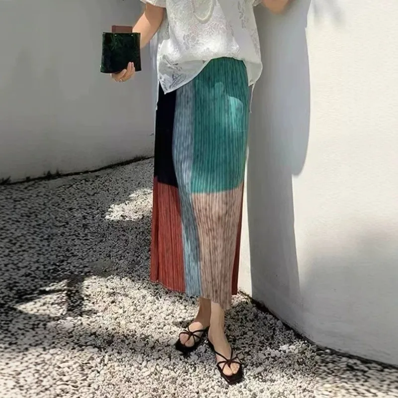 Miyake Pleated Skirt 2026 Summer New Design Plaid Patchwork Jupe High Waist Slim Striped Color-Block Mid-Length Versatile Skirt