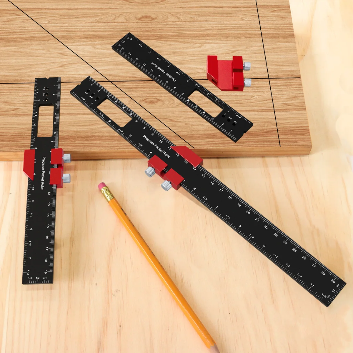 Woodworking T-Type Precision Pocket Ruler, Aluminum Marking Layout Ruler with Dual Slide Stops, Metric & Inch Measuring Gauge