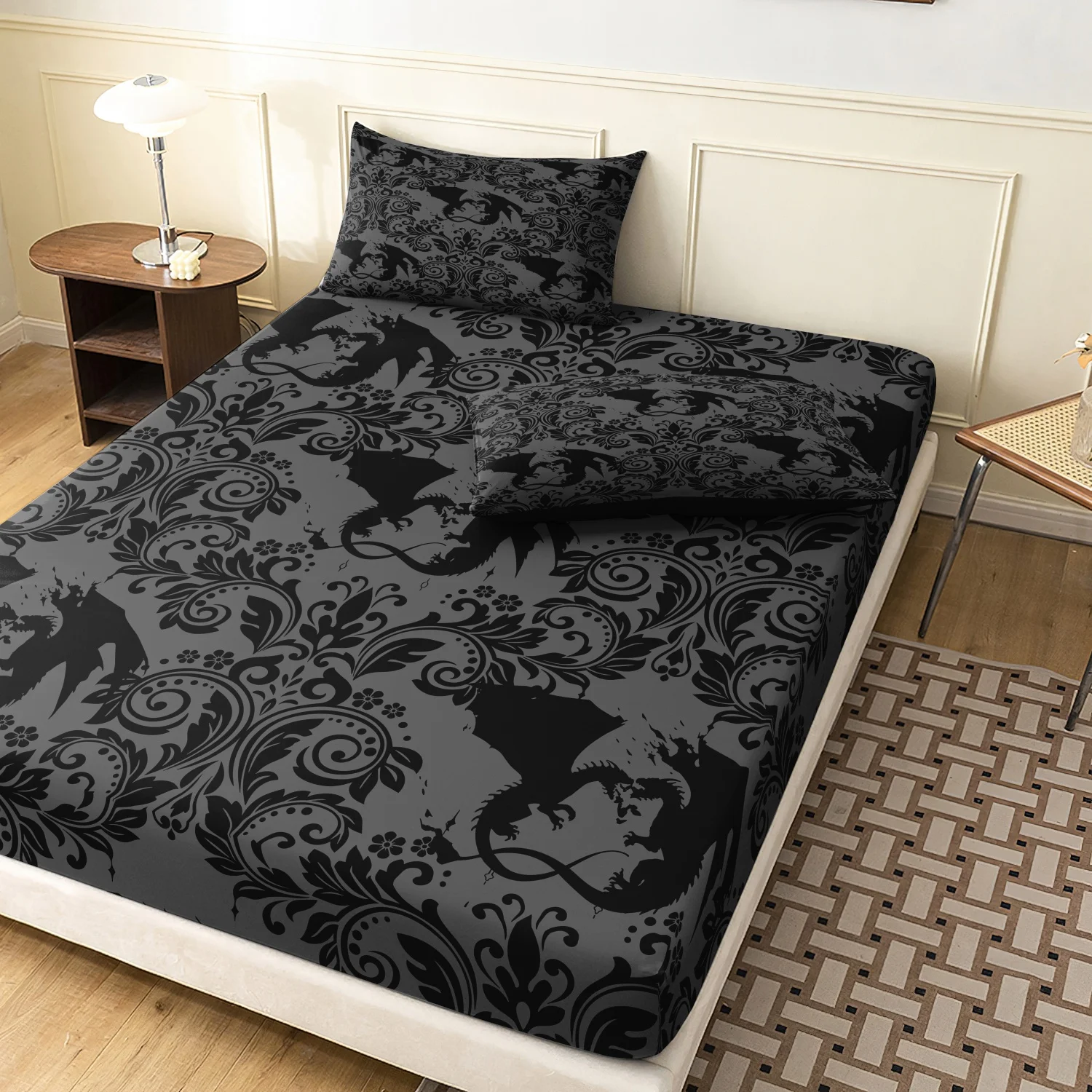 3Pcs Gothic Dragon Print Fitted Sheet Set, Grey Black Vintage Scroll Floral Flying Dragon Bedding, Multiple Sizes Available