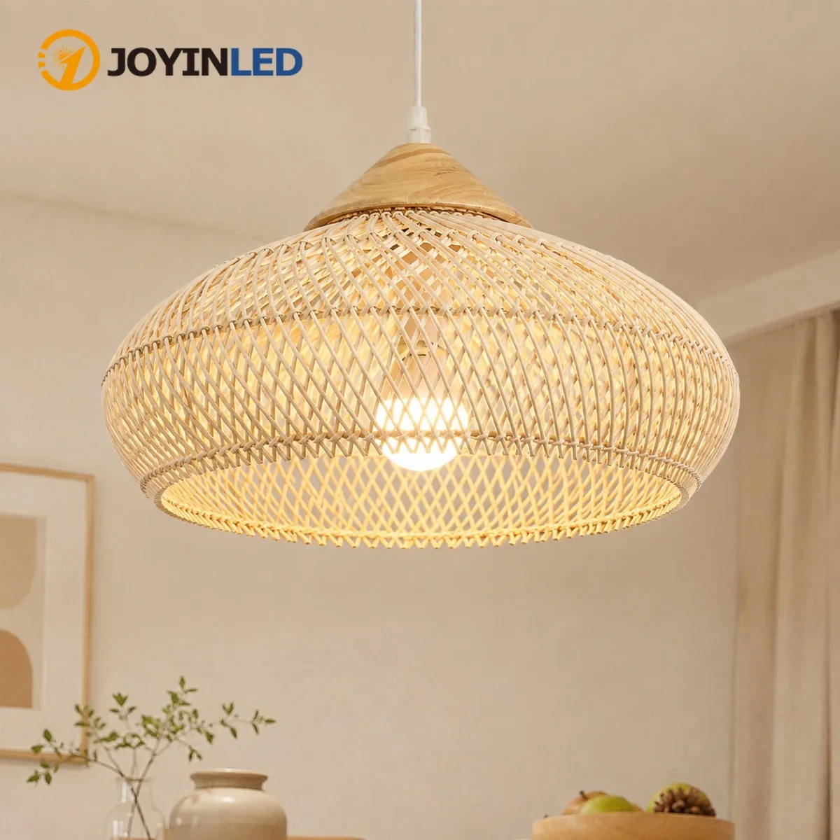 JOYINLED 40CM Rattan Pendant Light, Handmade Wabi Sabi Wicker Hanging Lamp, Retro Ceiling Fixture for Kitchen Island Dining Room