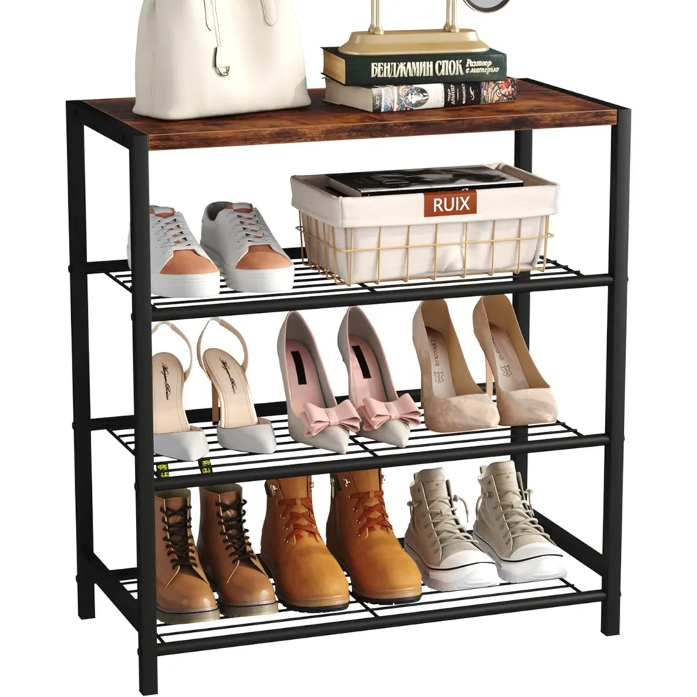 

Shoe Rack, 4 Tier Shoe Organizer Storage for Closet Entryway, Narrow Slim Metal Shoe Shelves with Industrial Wooden Top