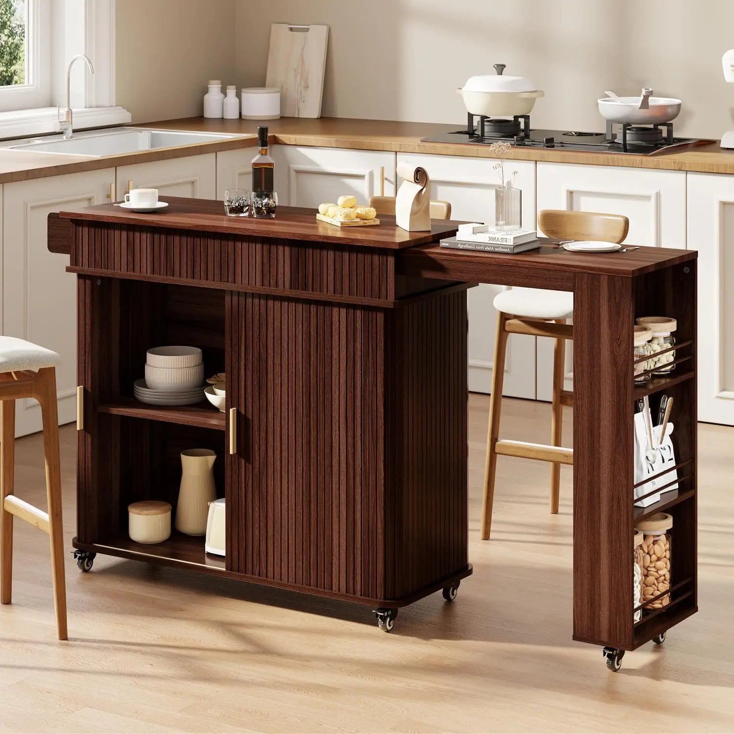 Kitchen Island Cart with Extendable Table & Sliding Door, Walnut, Customized