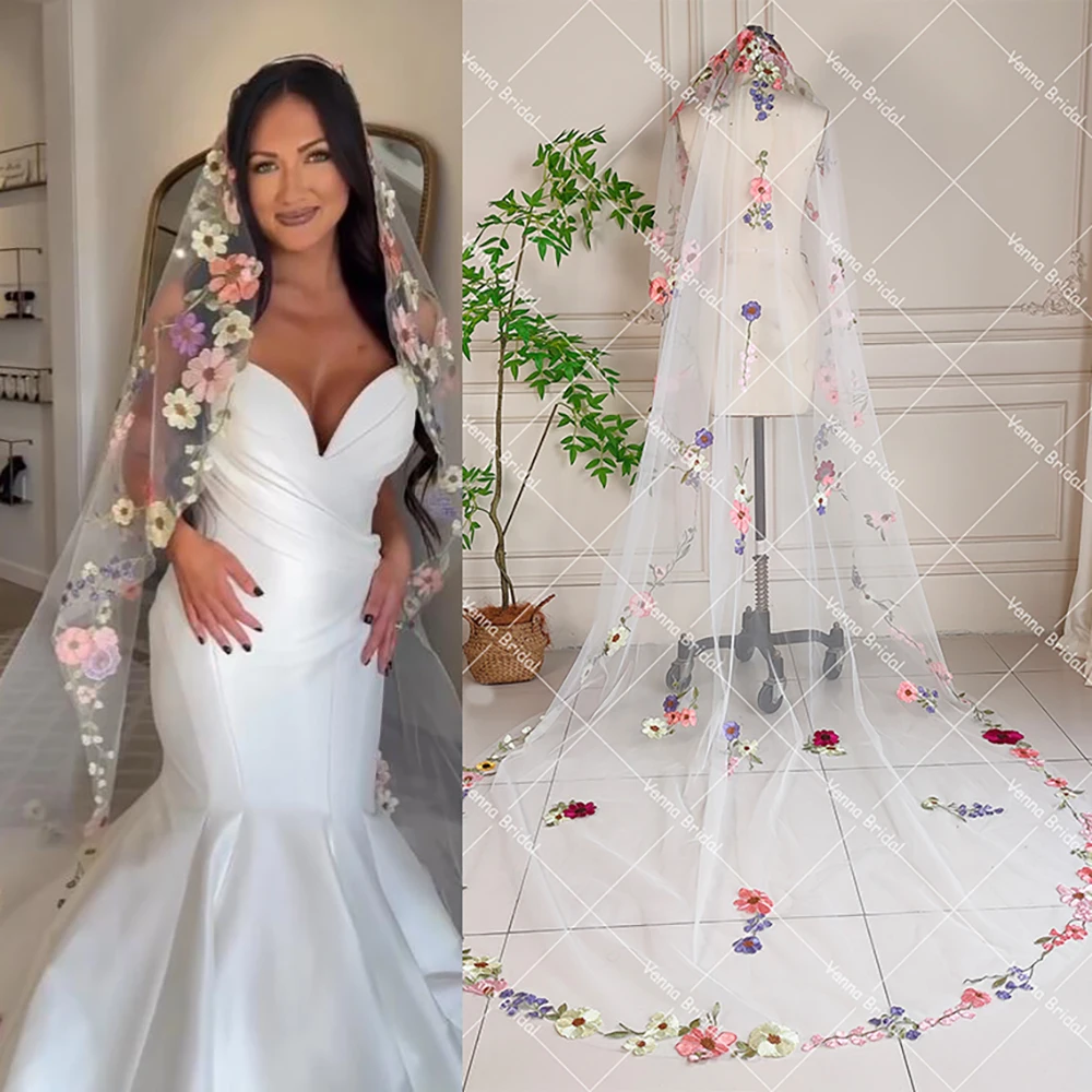 Cathedral Length Colorful Bridal Veil 3 Meters Long Scattered Multicolored Flowers Appliques Customized Wedding Veil