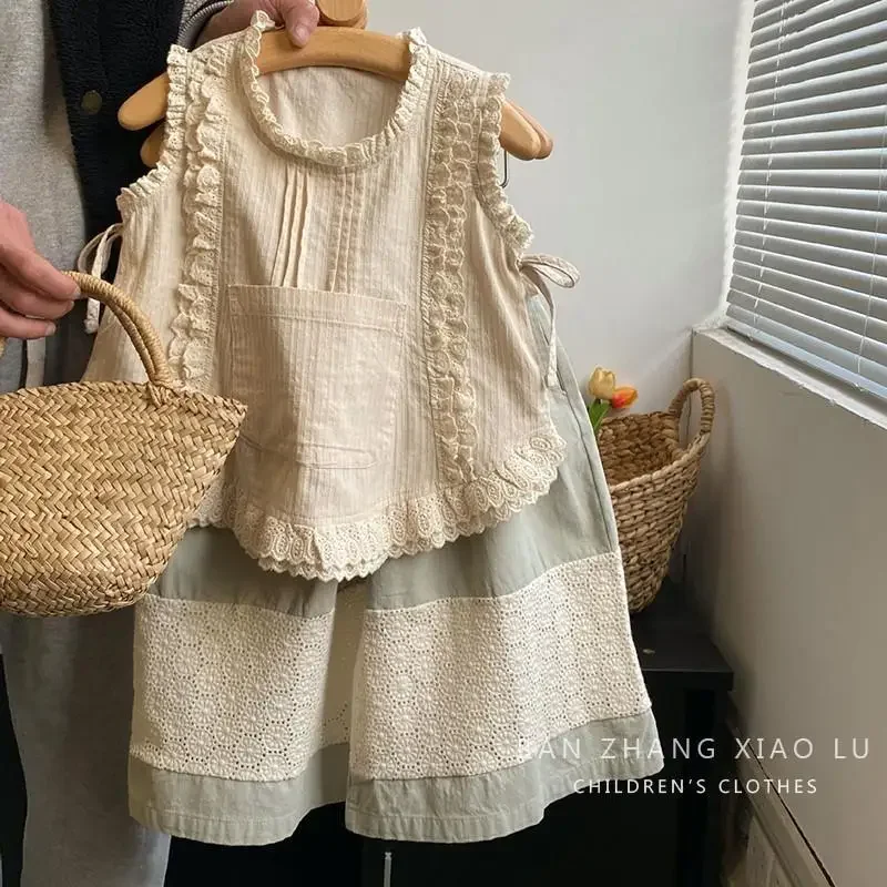 

Комплекты детской одежды Блузка без рукавов с рюшами и кружевом + кружевные широкие брюки, 2 предмета, детская одежда для девочек от 2 до 7 лет