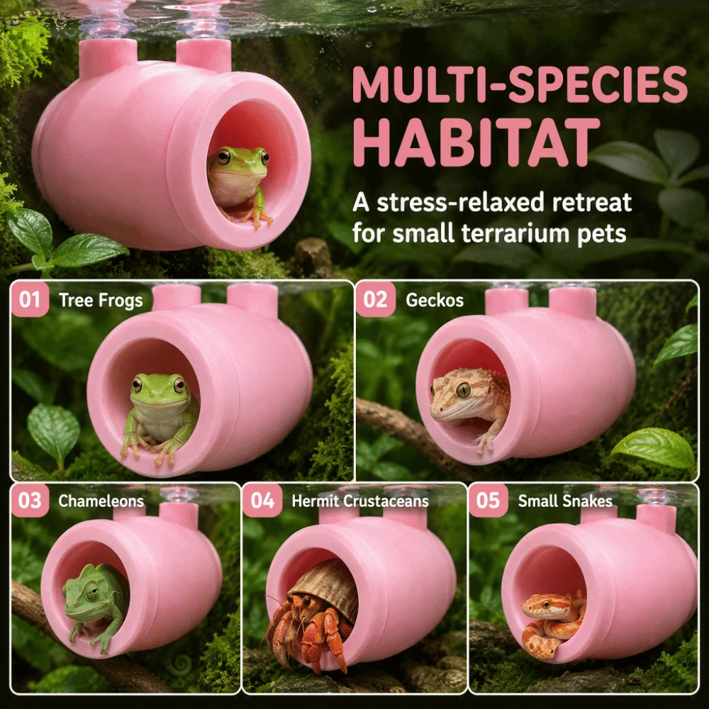 Wall Mounted Reptile Hide Cave 3D Printed Cylindrical Lizard Cave Shelter Suction Cup Durable Reptile Hideout Tree Frogs
