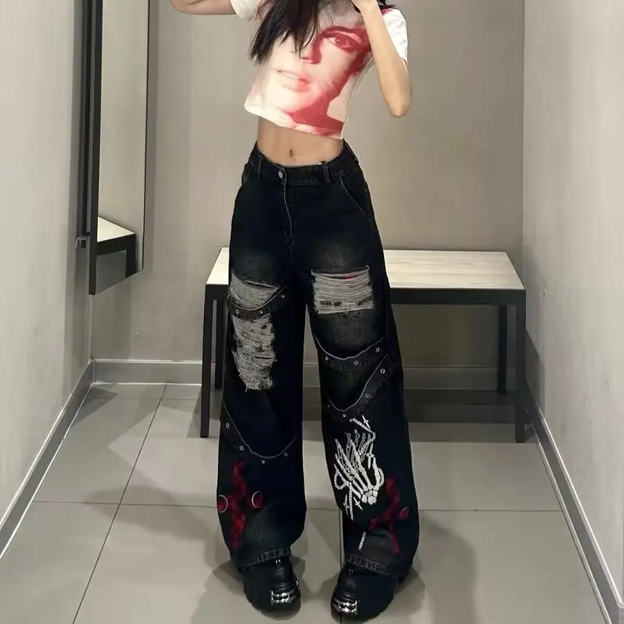 Black Ripped Wide-Leg Denim Pants for Women Fall 2025 New Arrival High-Waisted Slimming Loose Floor-Length Jeans