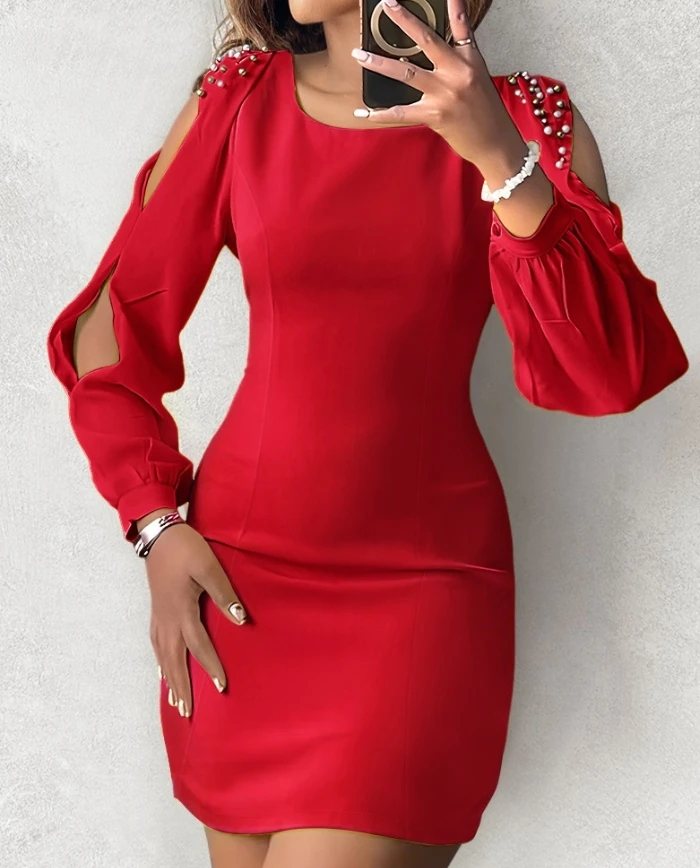 

Women's Elegant Dress 2024 Autumn Winter Latest Cold Shoulder Beaded Hollow Out Long Sleeve Bodycon Skirt Pullover Mini Dress