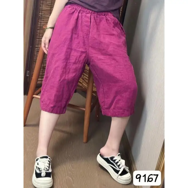 Retro Fashion All-match Solid Color Elastic Waist Wide Leg Pants Summer New Casual Pleated Loose Thin Shorts Women Clothing