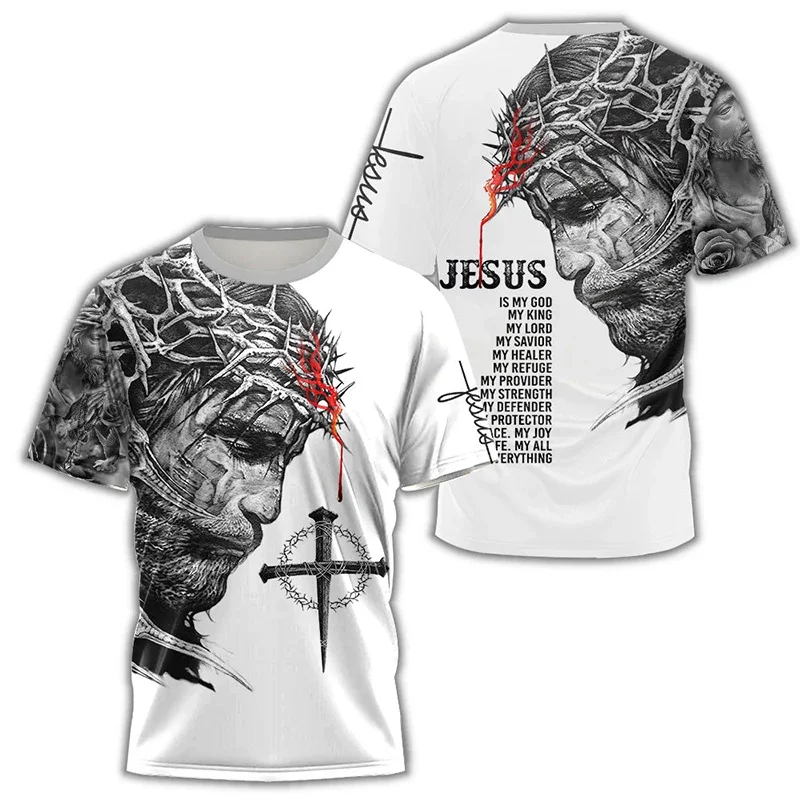 Camiseta masculina Jesus Cruz Leão Estampada 3D, Crusader Templário, gola redonda, manga curta, personalidade atraente, top diário casual, moda