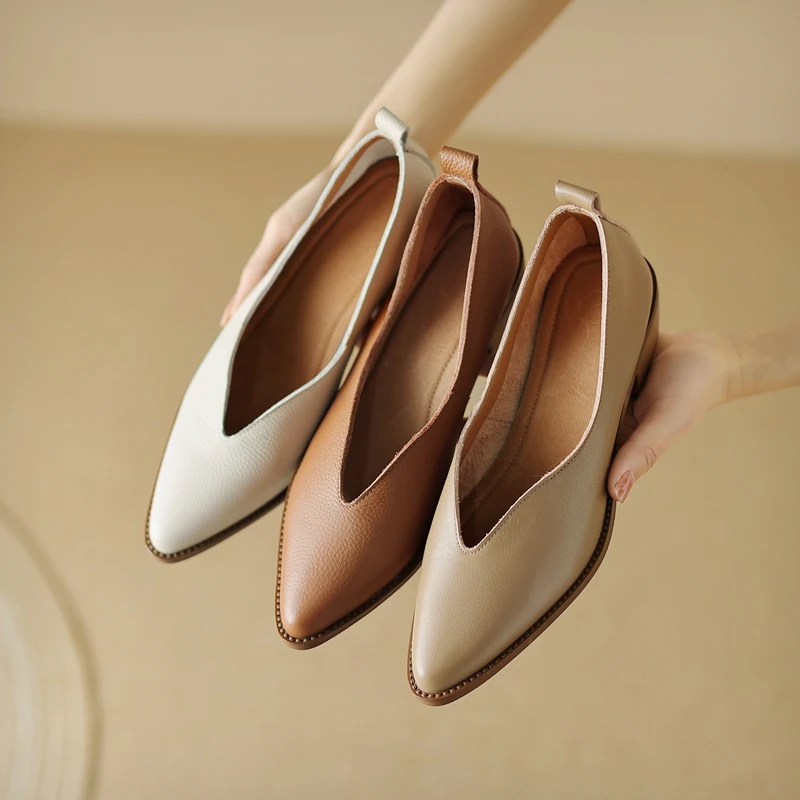 Women Pumps Shoes Genuine Leather Office Lady Pointed Toe Office & Career Slip-On Elegant Shoes Women Low Heels A58