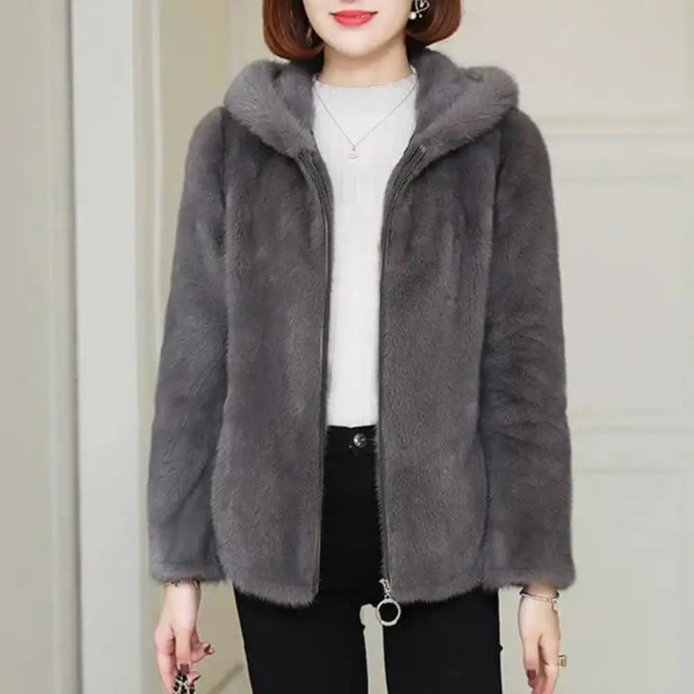 

Irregular Hem Coat Cozy Plush Hooded Winter Coat for Women with Double-sided Thick Material Long Sleeves Zipper Closure Stylish