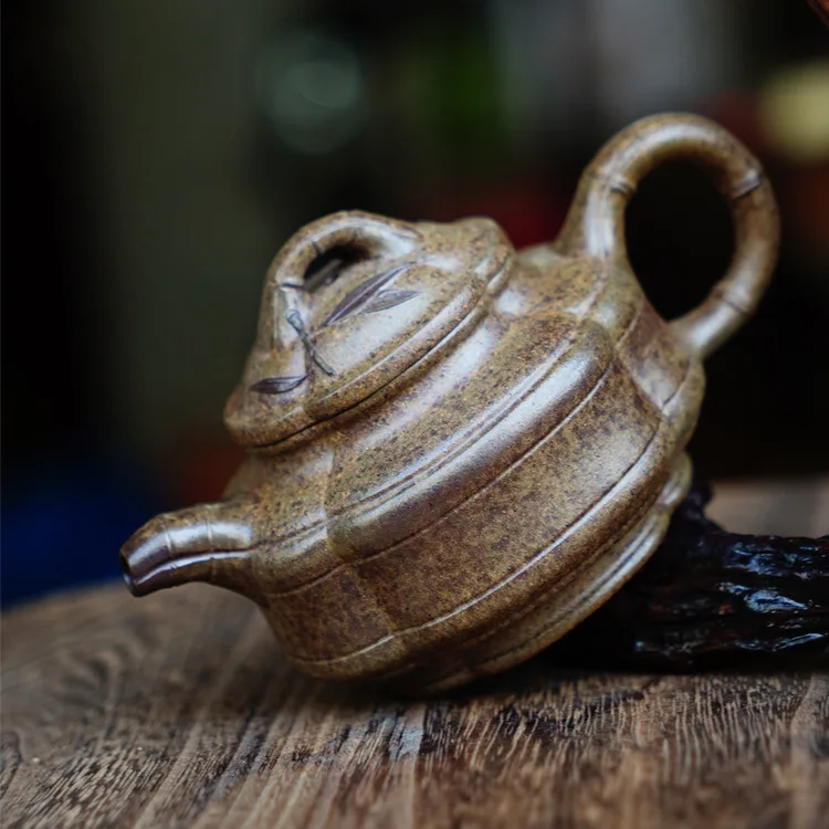 Square Bamboo Drum Teapot Made From Raw Ore Green Clay Wood-Fired Yixing Purple Clay Teapot Brewing Pot Set Ceremony Artifac