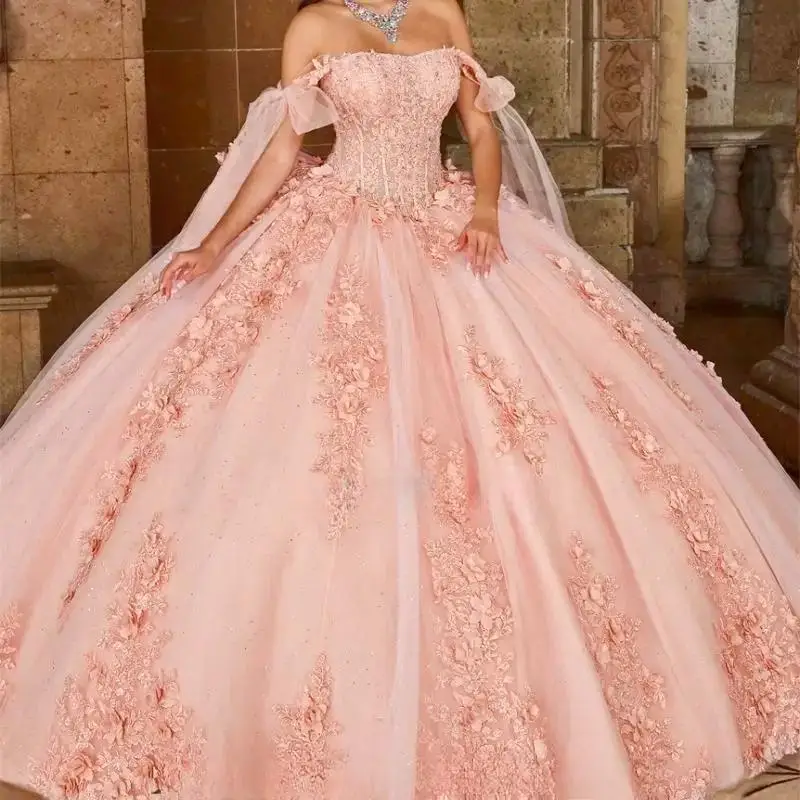 Pink Princess Off Shoulder Ball Gown Quinceanera Dresses Mexico Beaded 3D Flowers Ruffles Sweet 16 Dress Birthday Gowns Lace-up