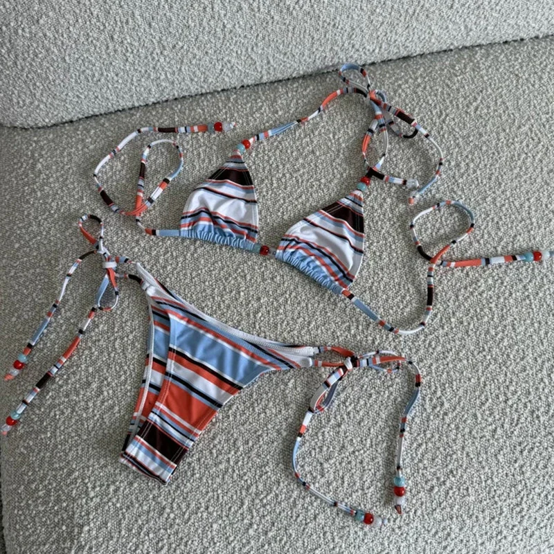 2025 Halter Bikinis Women Swimsuit New Sexy Swimwear Stripe Print Brazilian Bikini Set Micro Biquini Female Cute Beachwear