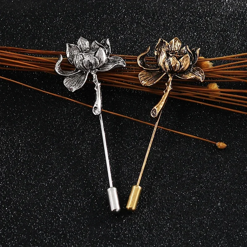 Ancient Personality Lotus Flower Brooch Shirt Lapel Pin Suit Corsage Long Needle Pins and Brooches for Women and Men Accessories