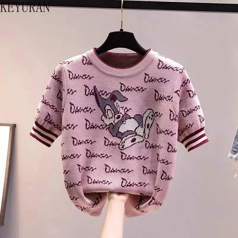 Ins-Tops de punto de manga corta con letras de dibujos animados para mujer, camiseta informal holgada con cuello redondo, camiseta fina de seda de