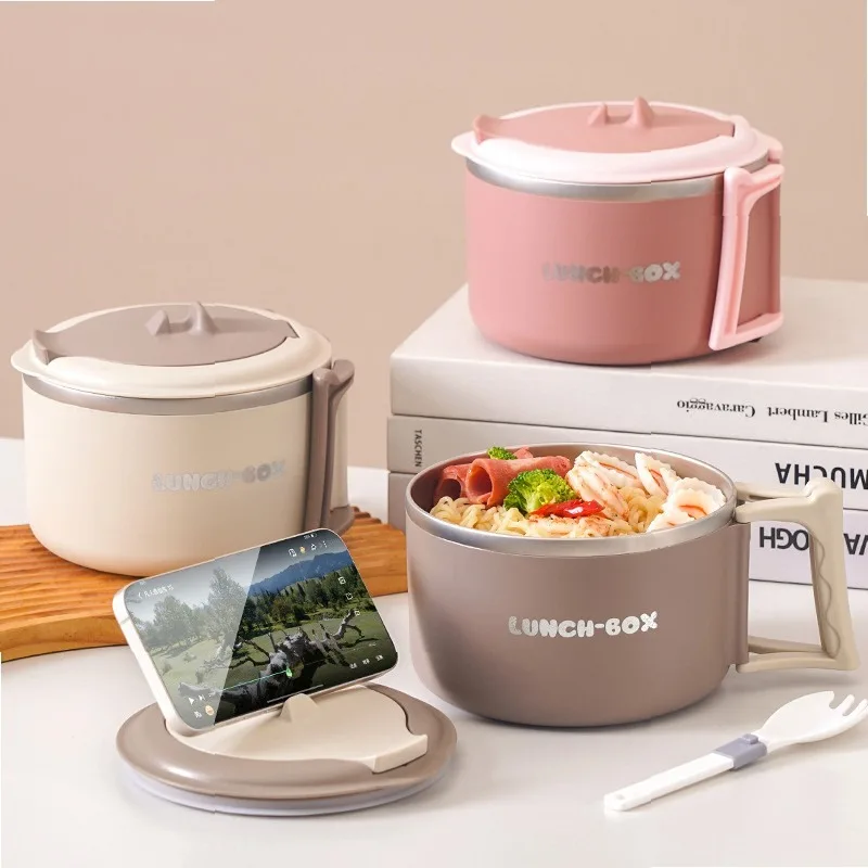 316 Stainless Steel Noodle Bowl with Foldable Handle, Portable Lunch Bowl for Students dormitory Cafeteria office Rice Bowl