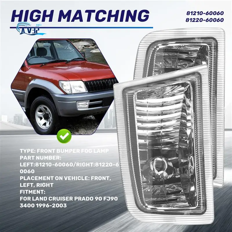 

AV32-Car Front Left Right Bumper Fog Lights Assembly Foglight For Toyota Land Cruiser Prado 90 FJ90 3400 96-03