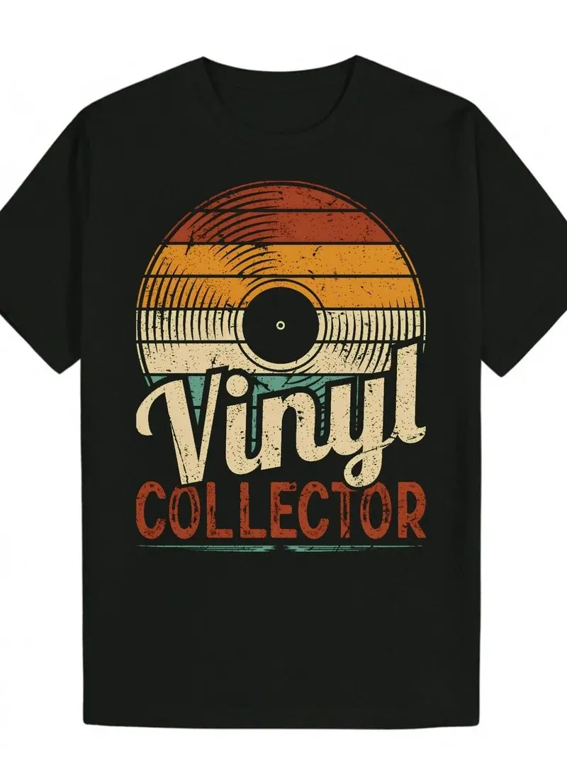 Men's Vintage Vinyl Record Graphic T-Shirt Collector Design With Text Black Orange Red White Crew Neck Short Sleeve Plus Size