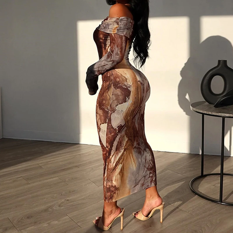 ربيع الخريف كم طويل مطبوعة المرأة Bodycon فستان قبالة الكتف مثير حفلة فستان طويل خمر عادية بسيطة الشارع الشهير رداء