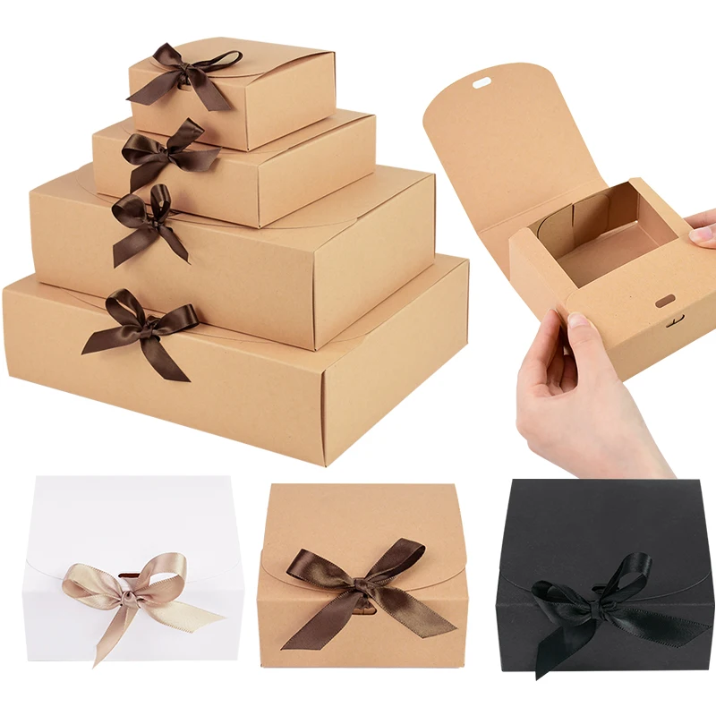 1pc Big Kraft Paper Gifts Box White/Brown Kraft Carton Packaging Boxes With Bow Wedding Birthday Party Candy Package Supplies