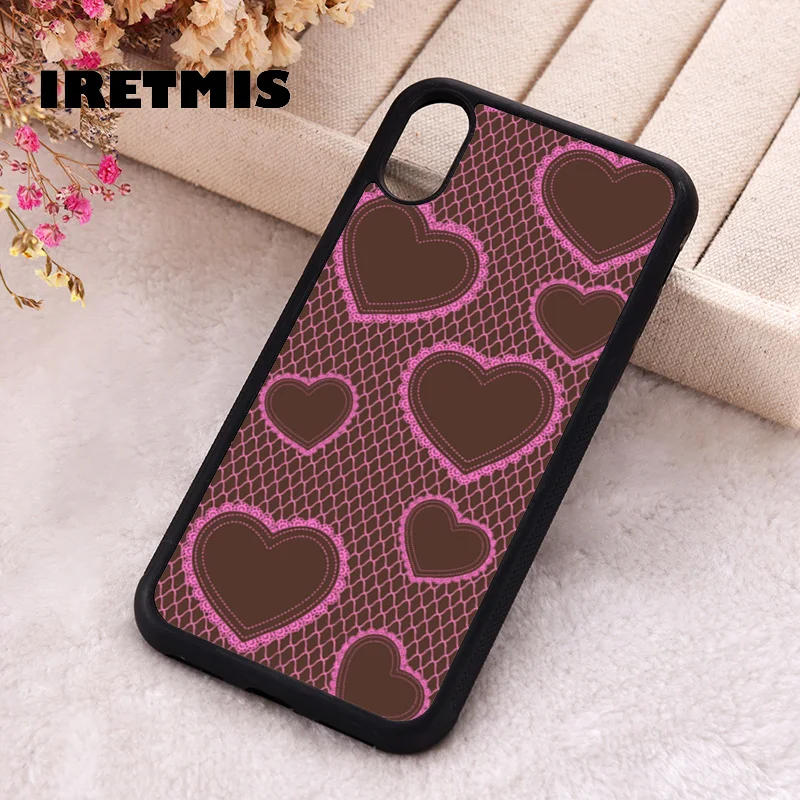 Iretmis Phone Cover Case For iPhone X XS Max XR 11 12 13 PRO MINI 14 15 16 Plus Rubber Silicone Heart Lace Brown & Pink