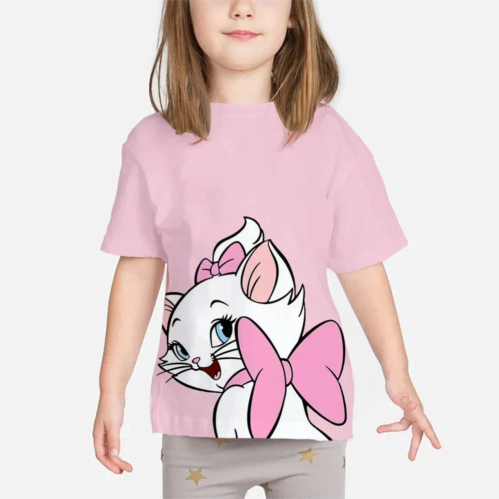 2024 Summer Disney 3d Print Mary cat Short Sleeve Children The Aristocats Pink Tees Tops Kids Girls Clothes Cute Cartoon T-shirt