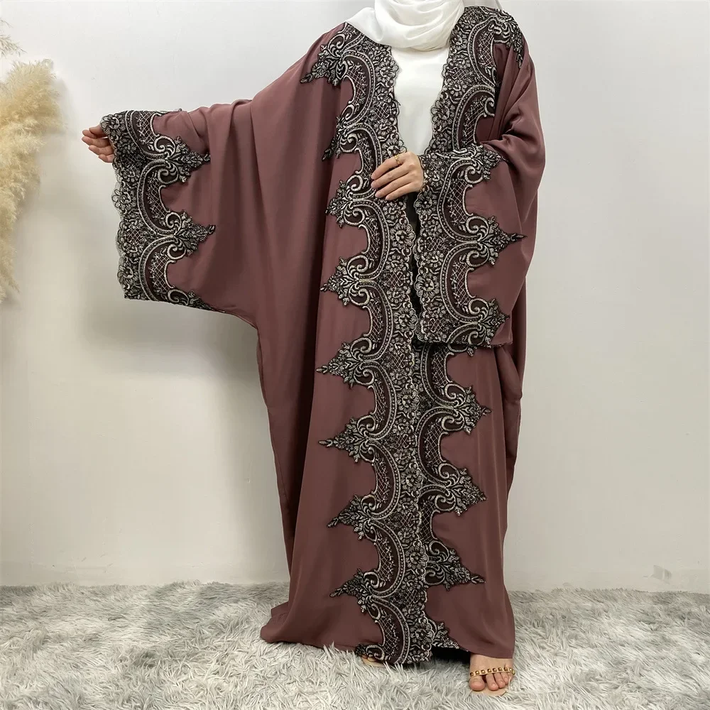 

Dubai Lace Open Kimono Abayas for Women Batwing Sleeve Dress Kaftan Eid Djellaba Muslim Kebaya Arab Robe Marocain Islamic Cloth