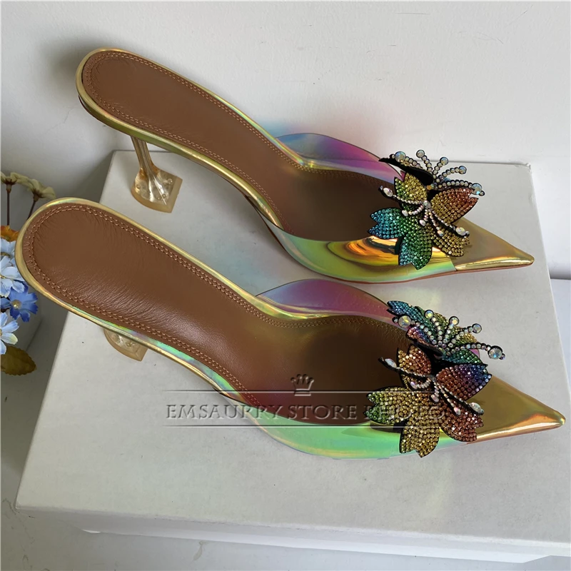 Iridescent Diamond Flower Modern Sandals Women Clear Crystal High Heel PVC Transparent Slingbacks Summer Mules