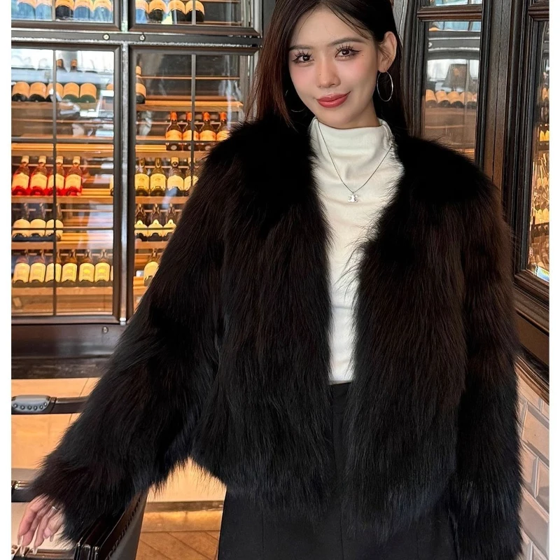 Élégant fausse fourrure veste femmes automne hiver chaud épais col rond bouton solide vêtements d'extérieur mode haute rue Imitation fourrure de renard dame manteau