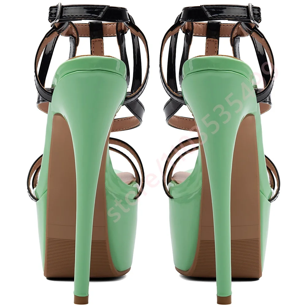 Black Strappy Green Platform High Heel Sandals Women Open Toe Ankle Strap Buckle Stiletto Heel Club Fashion Summer Party Shoes