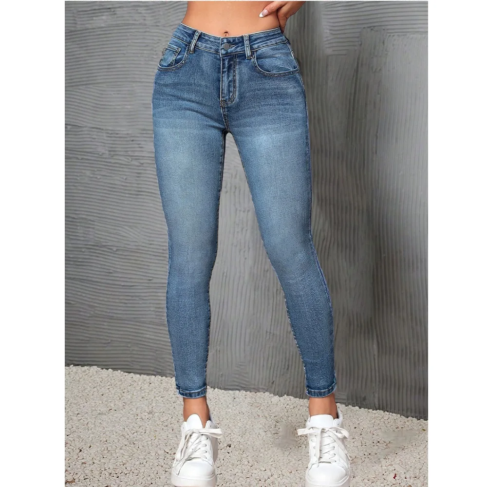 

Women Middle Waist Denim Jeans High Stretch Slim Pencil Pants Retro Washed Solid Color Jeans