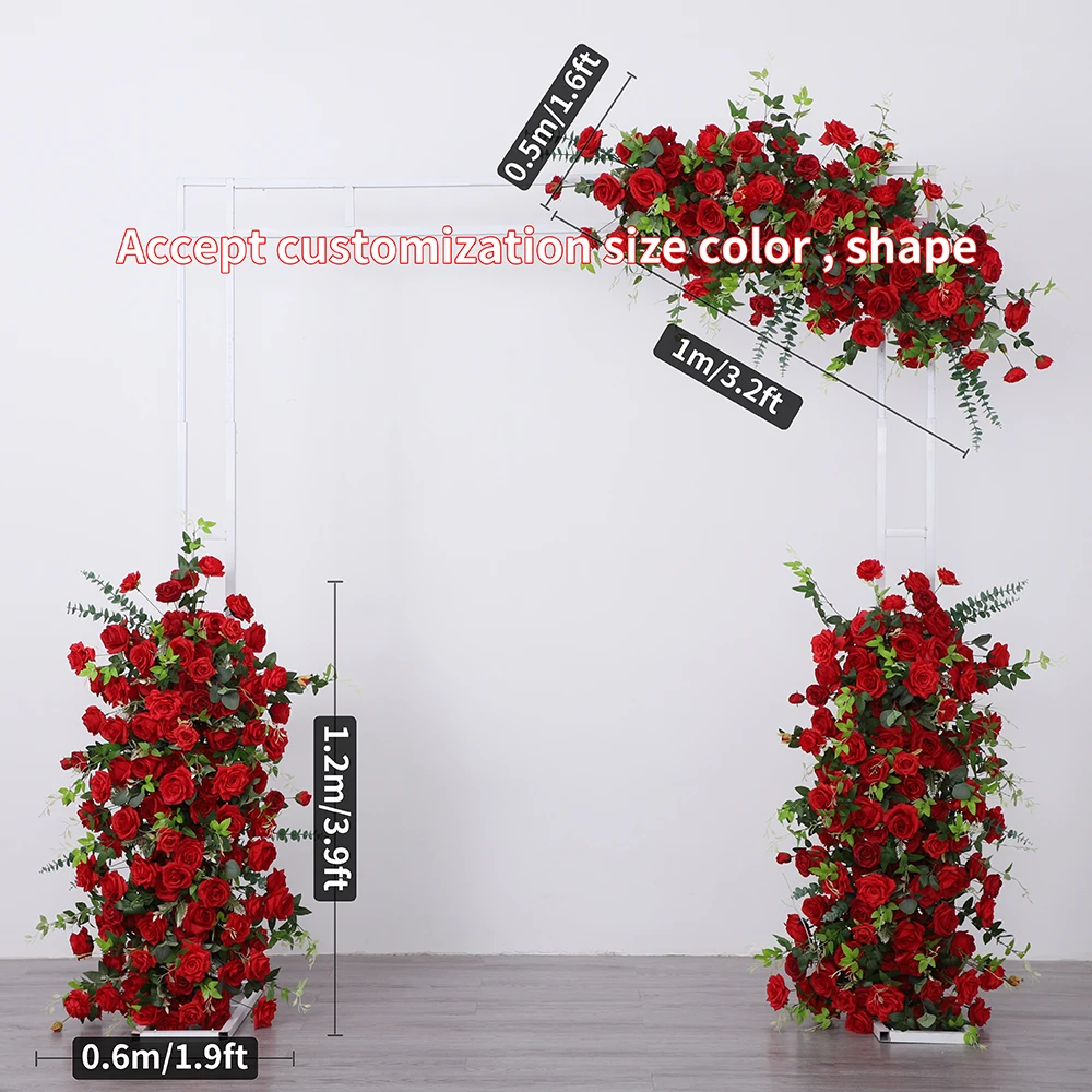 Décoration de mariage de luxe, Rose rouge, feuilles vertes florales, chemin de fleurs pour événement, décor d'arc d'arrière-plan, fleurs artificielles personnalisées