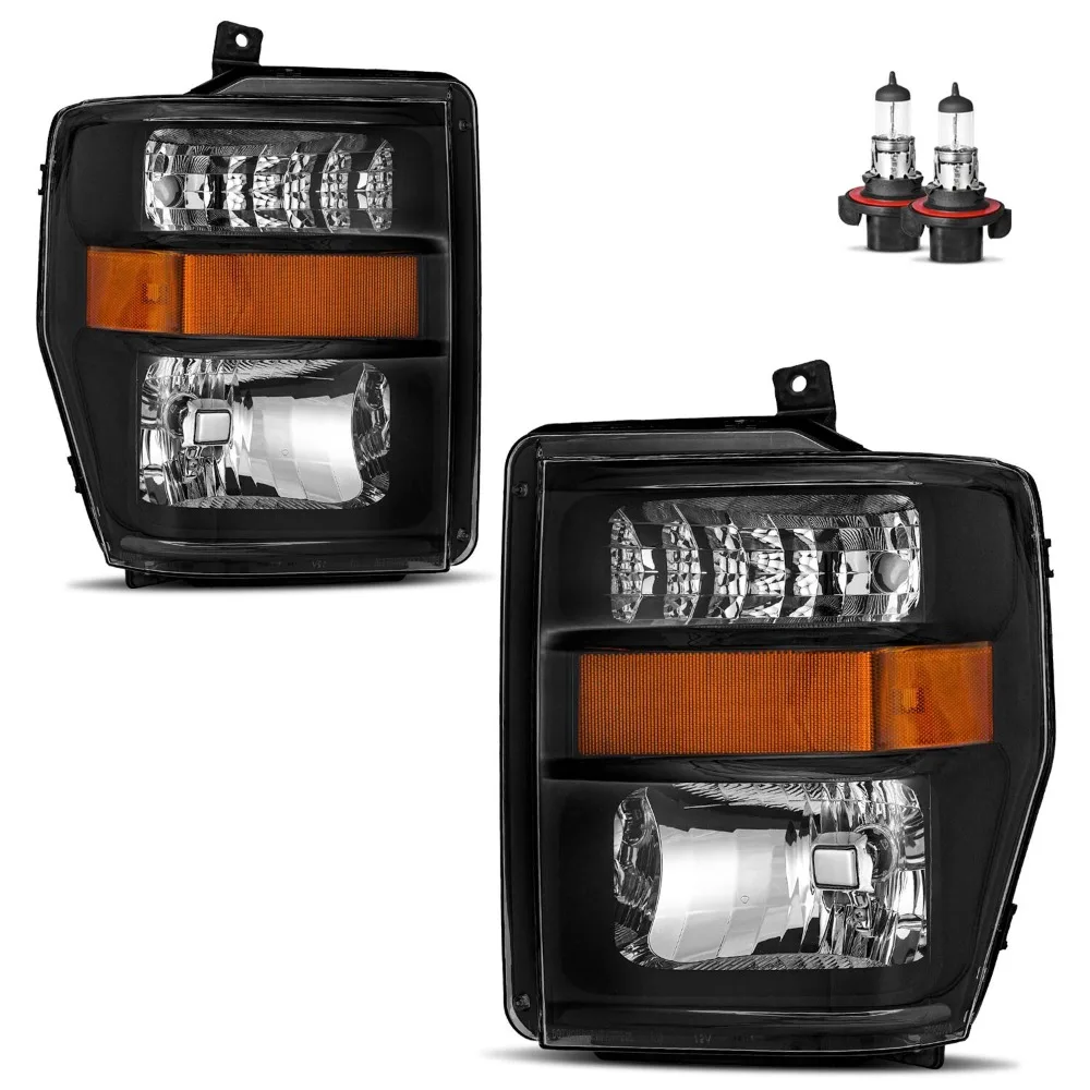 

Pair Headlights For 2008-2010 Ford F250 F350 F450 Super Duty Black w/Bulbs