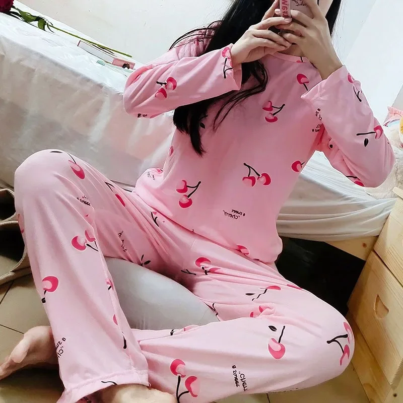 Women Pajamas Plus Size Long Sleeve Student Loungewear Spring Fashion Breathable Print Pullover Top Trouser Set Can Be Worn Outs