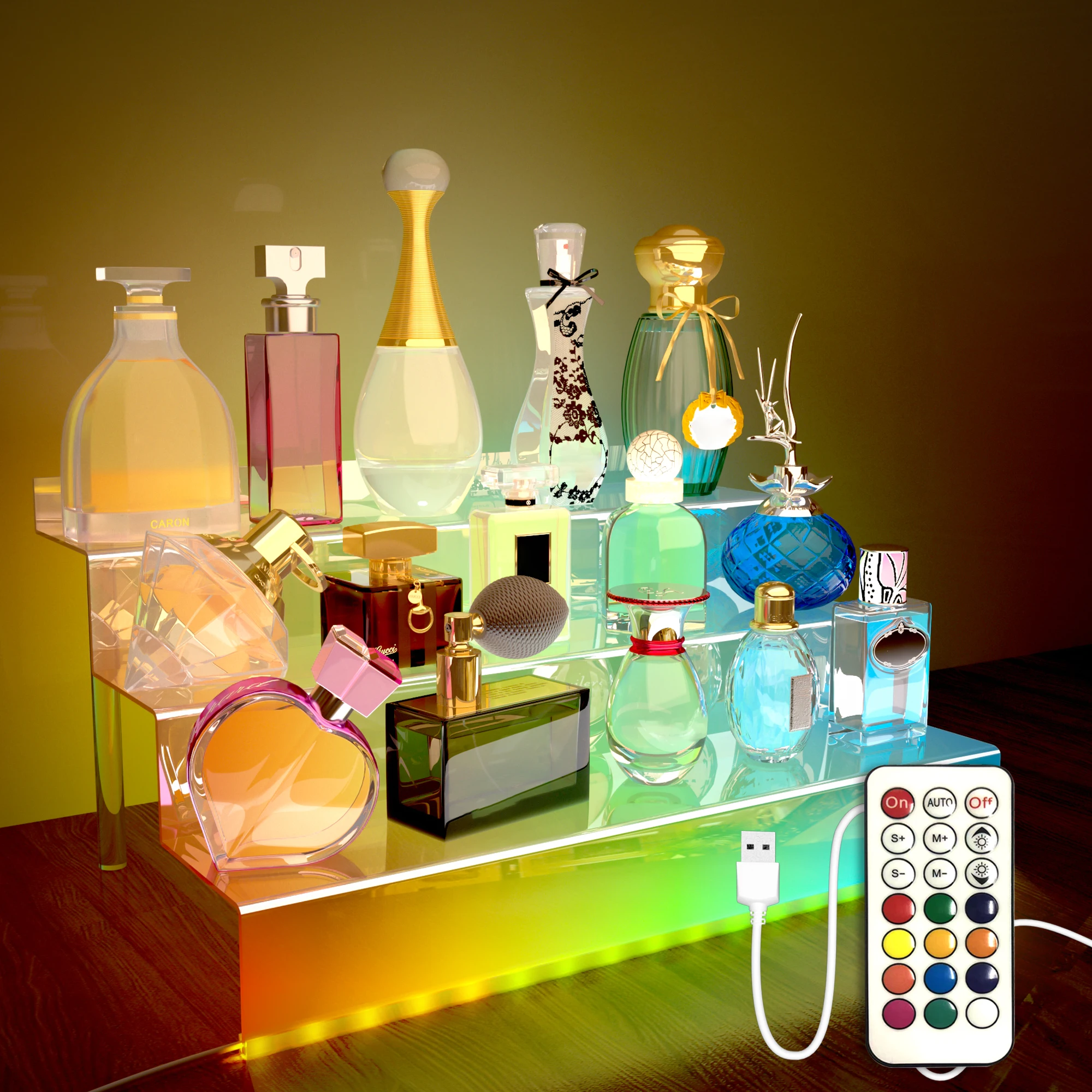 LED Illuminated Acrylic Display Stand for Jewelry and Cosmetics, USB Powered Tabletop Showcase with Remote Control