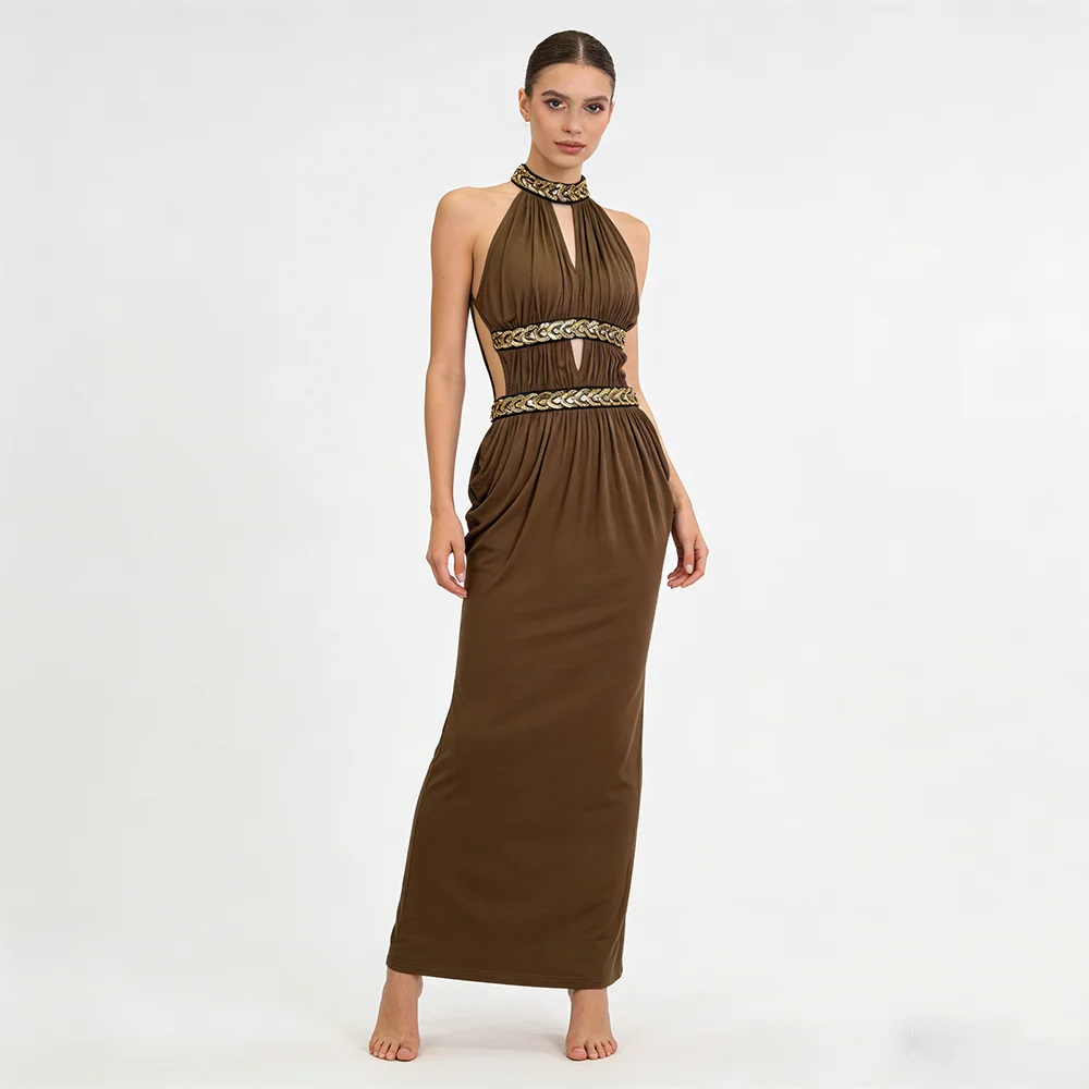 Nova Women's Halter Neck Cut Out Maxi Dress Brown Gold Beaded Embellished Backless Evening Party Gown