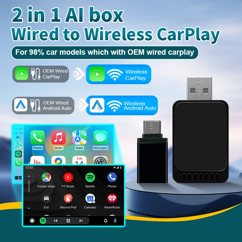 

Новинка 2025: Обновленный беспроводной адаптер CarPlay Android Auto AI Box 2-в-1 (проводной в беспроводной) для штатных систем OEM CarPlay, Plug and Play