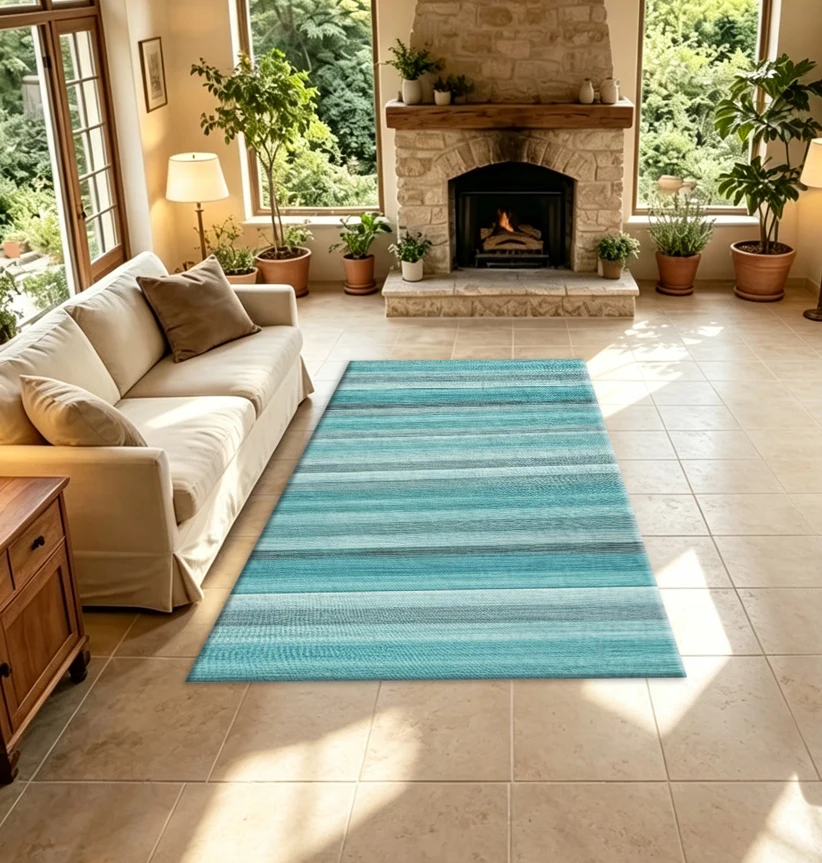 Teal Striped Carpet, Vertical Striped Carpet, Floor Mat, Gradient Striped Texture Printed Floor Mat, Modern Minimalist Indoor Home Carpet