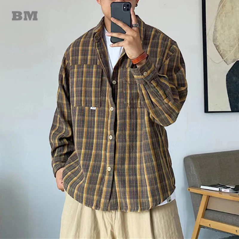 Spring Autumn Korean Style Casual High Quality Khaki Plaid Shirt Men Clothing Harajuku Coats Japanese Streetwear Vintage Clothes