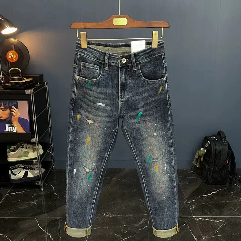 

Spring and Autumn New Fashion Trendy Print Straight Elastic Denim Pants for Men - Casual Loose Sport High-Quality Denim Jeans