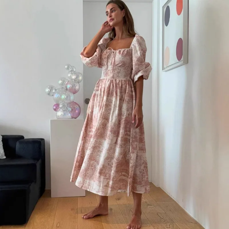 Robe longue d'été Vintage pour femmes, Streetwear, avec nœud papillon, motif Floral, smockée, manches longues lanterne, robes trapèze, nouvelle collection 2025