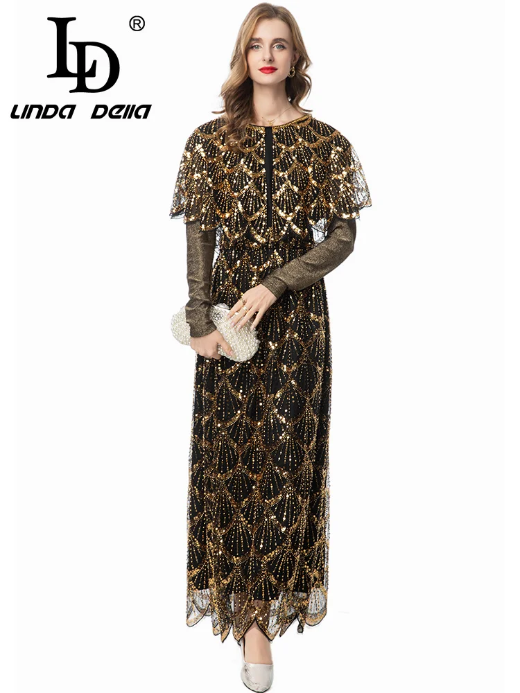 LD LINDA DELL مسمار حبة الترتر بأكمام طويلة الرجعية مأدبة عشاء فستان أسود المرأة الخريف والشتاء فستان عصري #4