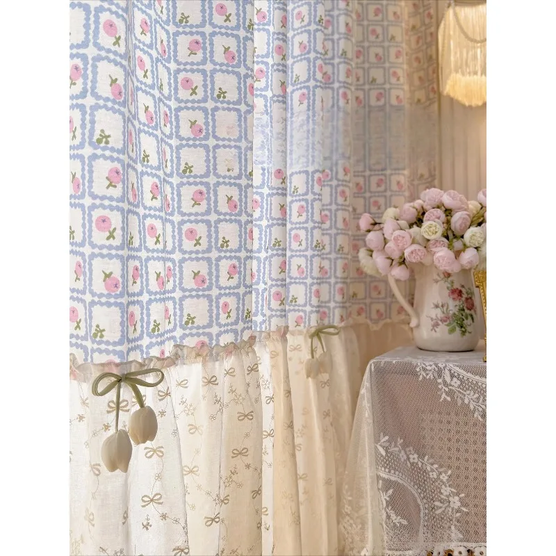 Young Girl French Garden Princess Style Floral Bow Skirt Splicing Window Screen Curtains for Living Room Bedroom French Window
