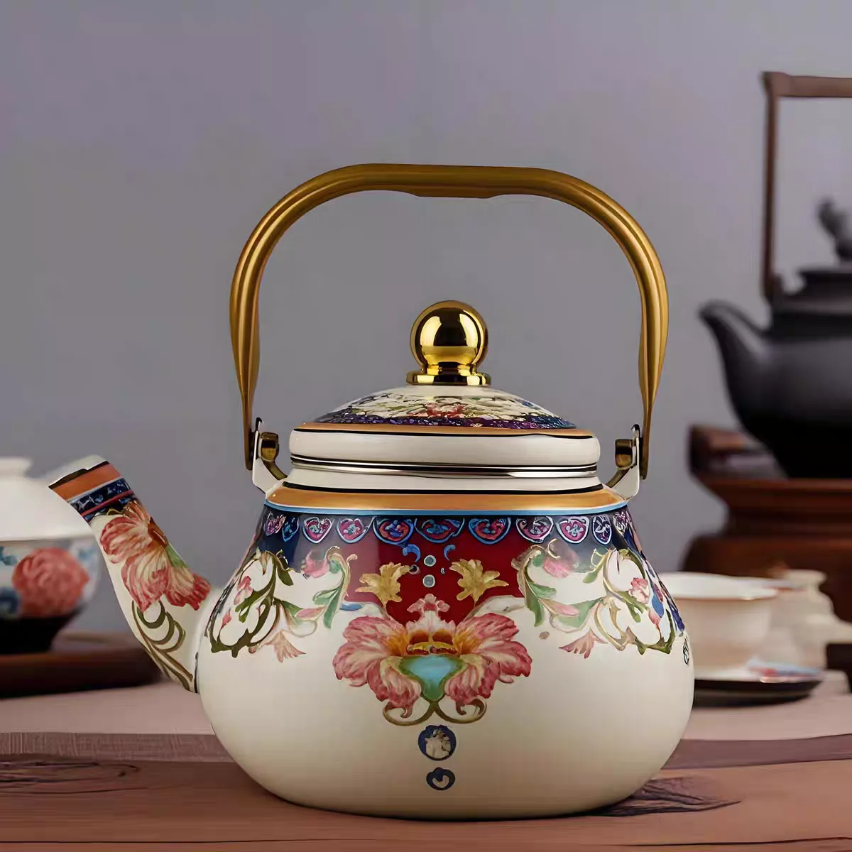 1.2L Enamel Tea Kettle Vintage Enamel Boiling Kettle Boiling Tea Coffee Milk Water Kettle