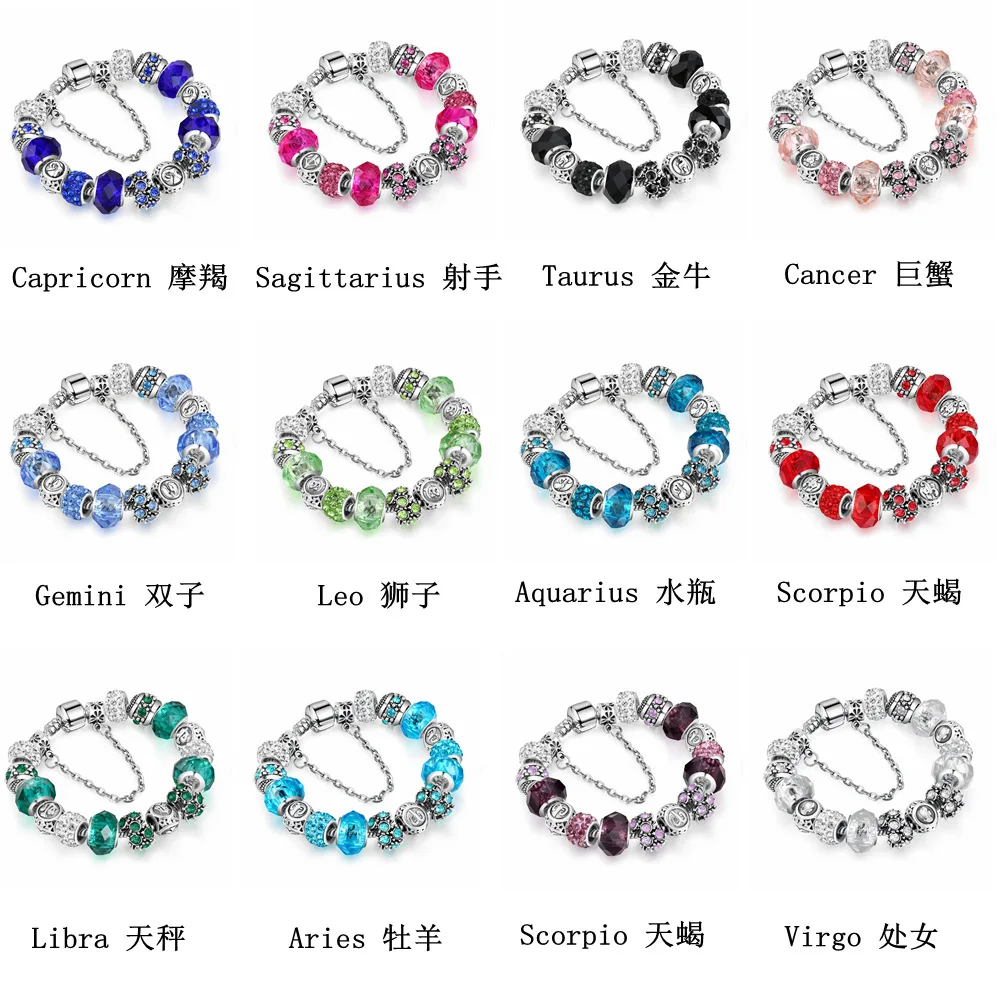 Lucky 12 Constellation Charm Bracelet Electroplated Alloy Crystal Glazed Large Hole Bead Bracelet Adjustable Size Fashion Jewelr