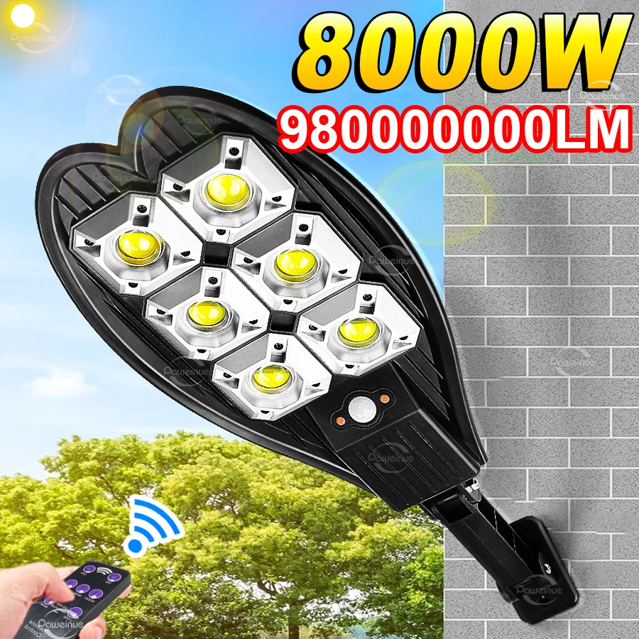 

8000 Вт светодиодный супер яркий уличный светильник на солнечной энергии, ipx65 водонепроницаемый датчик движения, от заката до рассвета, индукционный солнечный садовый светильник для двора, гаража, охранное освещение